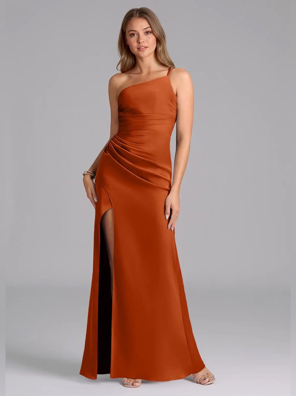 Azazie Eren Stretch Satin Asymmetrical Mermaid Dress in Burnt Orange, size 8